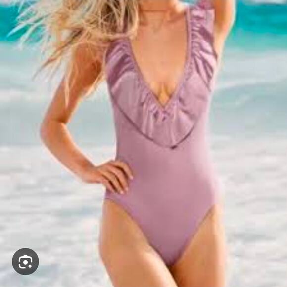 Victoria's Secret Other - Victoria's Secret Ruffle One Piece Plunge Swimsuit PINK Swim High Cut L NWOT